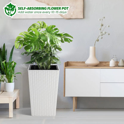Tall Rattan Planter Set of 2 Outdoor and Indoor Plant Pots with Water Level Monitor & Wheels