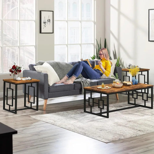 3-Piece Vintage Wood Coffee Table Set with 2 End Tables - Modern, Square Tabletop & Rustic Brown Finish