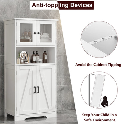 Free Standing Kitchen Pantry with 4 Doors and Open Space with Tempered Glass Doors