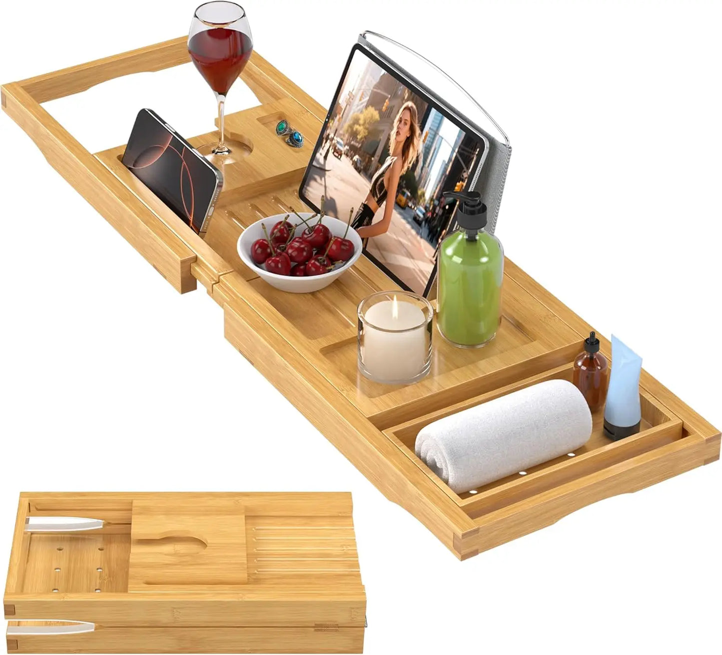 Bamboo Bathtub Caddy Tray Foldable Expandable Bath Organizer
