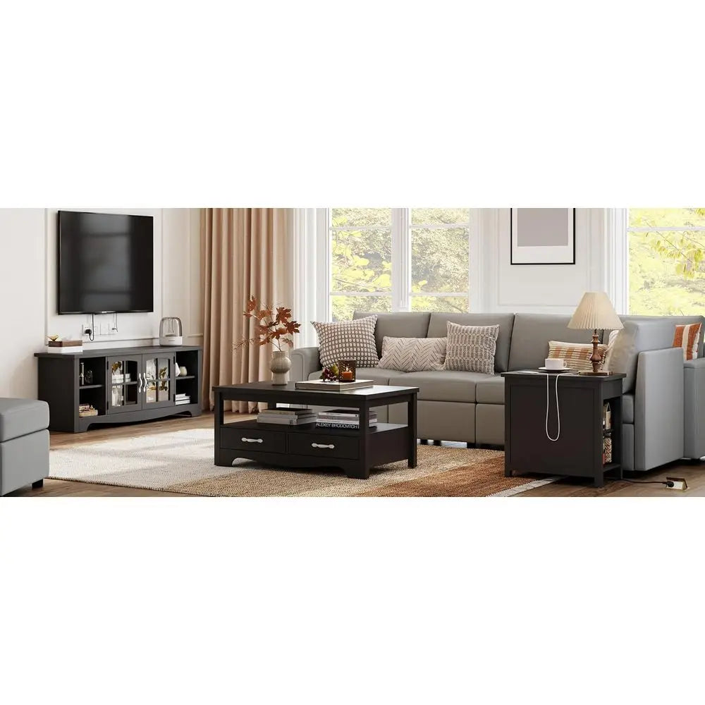 4-Piece Living Room Set with TV Stand for  up to 65" TV, Coffee Table, and 2 End Tables with Charging Stations