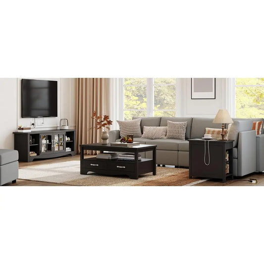 4-Piece Living Room Set with TV Stand for  up to 65" TV, Coffee Table, and 2 End Tables with Charging Stations