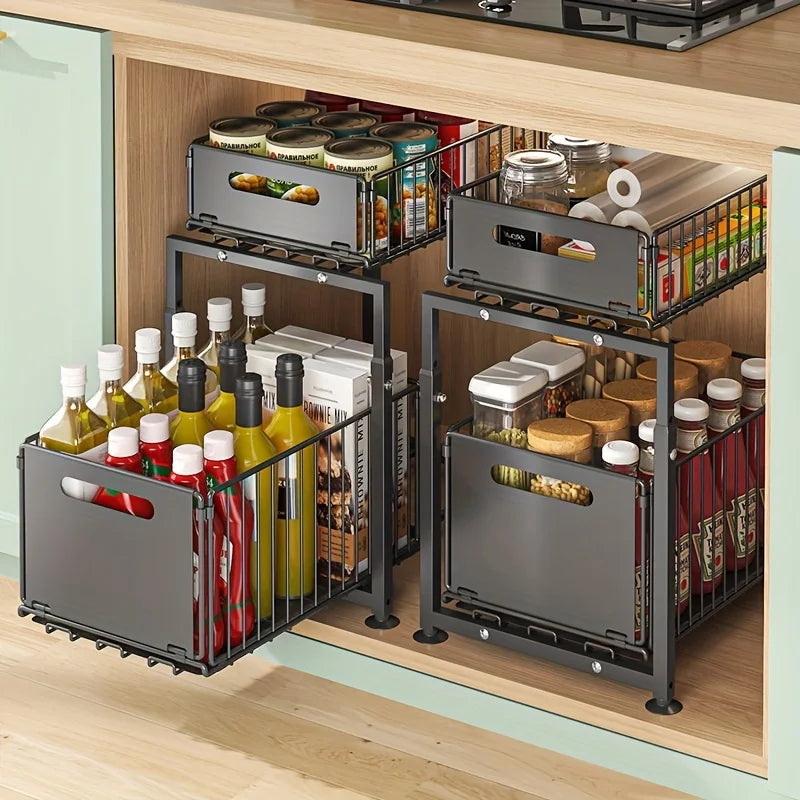 2 Tier Slide Out Cabinet Organizer, Heavy Duty, Under Sink Storage Shelf with Adjustable Metal Shelf, 2 Pack