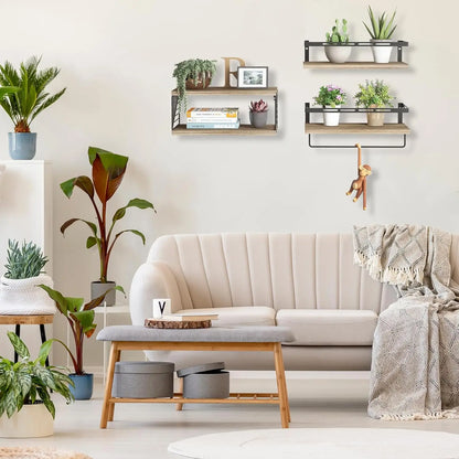 3+1 Floating Shelves Over Toilet with Metal Frame and Towel Bar for Bathroom in Rustic Brown