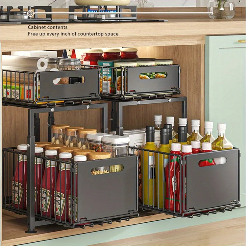 2 Tier Slide Out Cabinet Organizer, Heavy Duty, Under Sink Storage Shelf with Adjustable Metal Shelf, 2 Pack