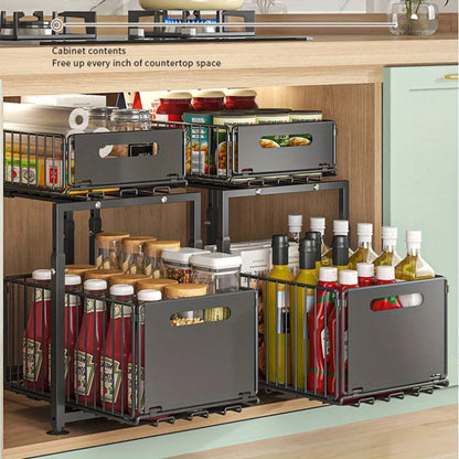 2 Tier Slide Out Cabinet Organizer, Heavy Duty, Under Sink Storage Shelf with Adjustable Metal Shelf, 2 Pack