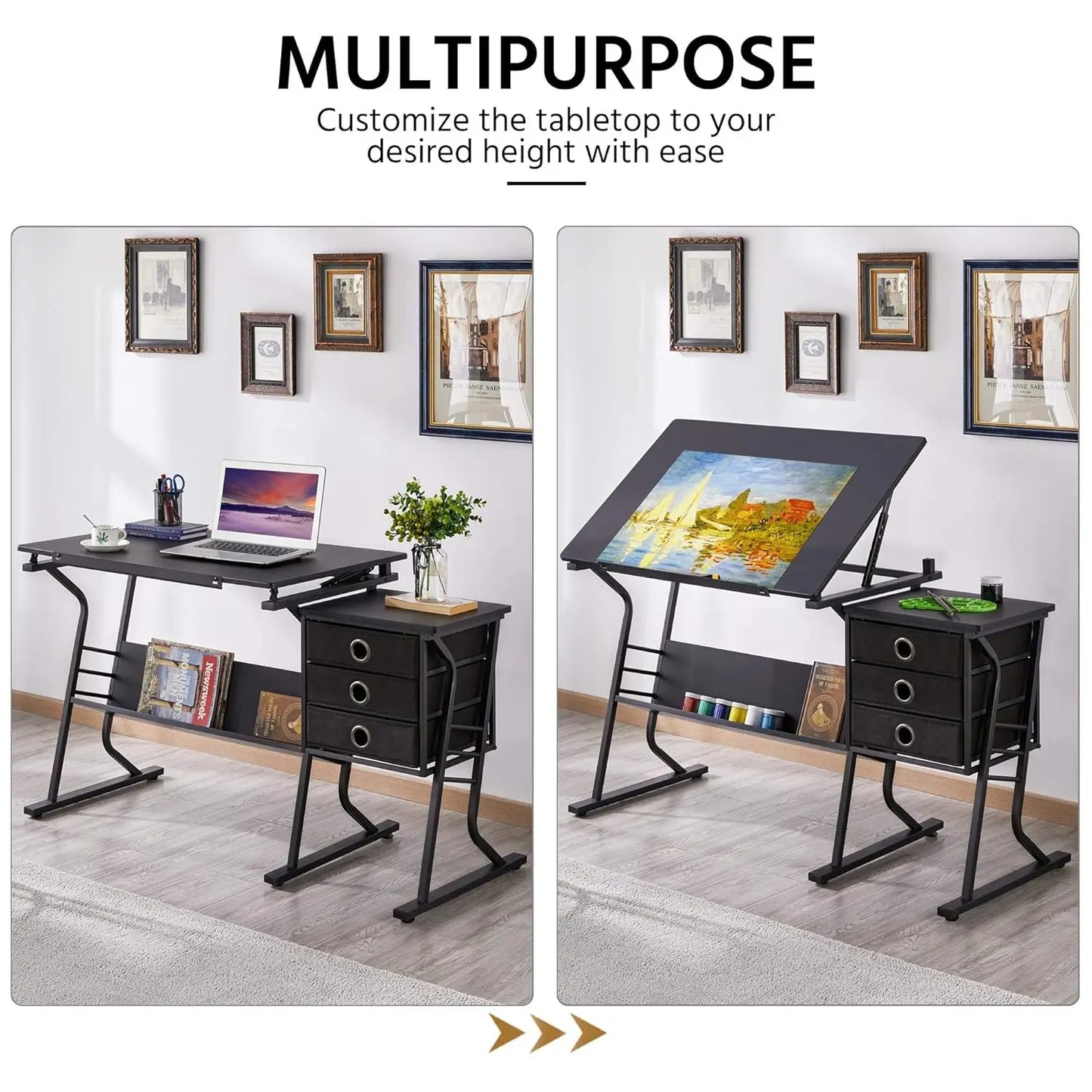 Drafting Table for Artists, Drawing Desk, Tabletop, Adjustable, with Stool and 3 Slide Drawers