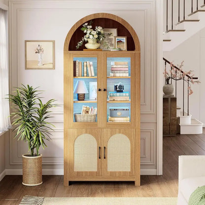 Arched Bookshelf with Glass Door, 75" Tall Bookcase with LED, 6 Tier Storage Cabinet with Rattan Door