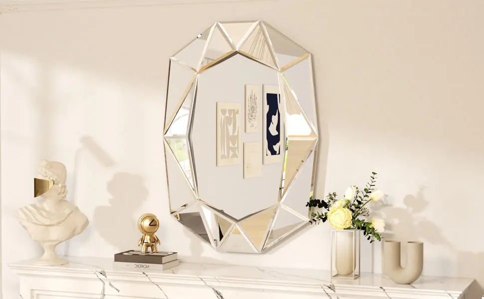 Accent Decor, Stylish Irregular Silver Glass Wall Mirror with Beveled Diamond Edge