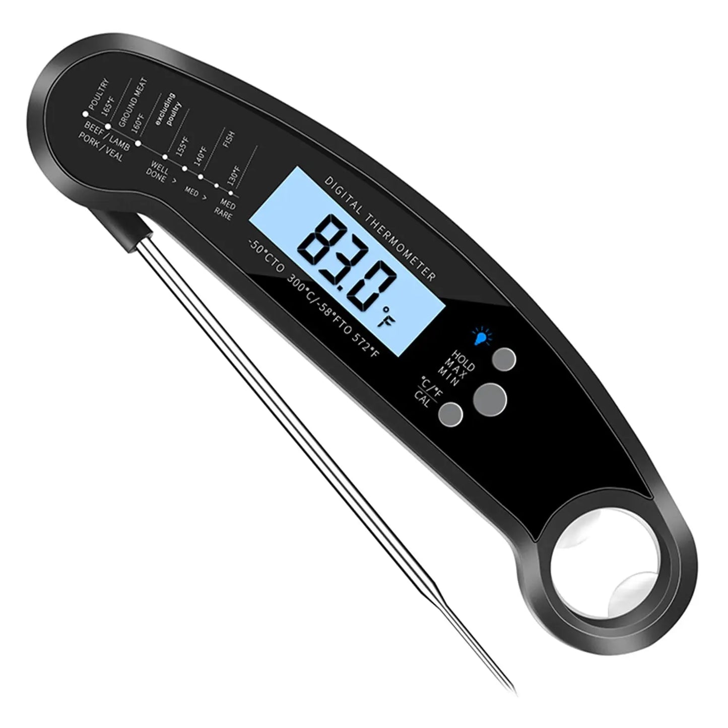 Digital food thermometer with LCD display showing 83.0°F for accurate cooking temperature readings.