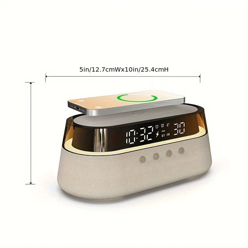 Aretelo Wireless Charging Digital Multi-Mode Alarm Clock, FM Radio, Bluetooth Speaker, Night Light