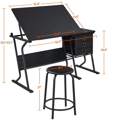 Drafting Table for Artists, Drawing Desk, Tabletop, Adjustable, with Stool and 3 Slide Drawers