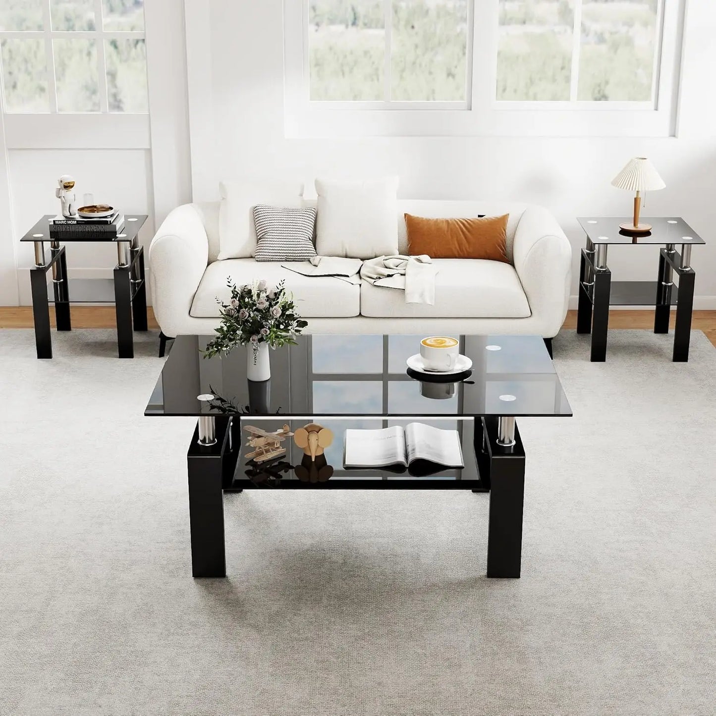 Modern Tempered Glass Table Set, 3-Piece, includes Black Metal Frame Coffee Table with Matching End Tables
