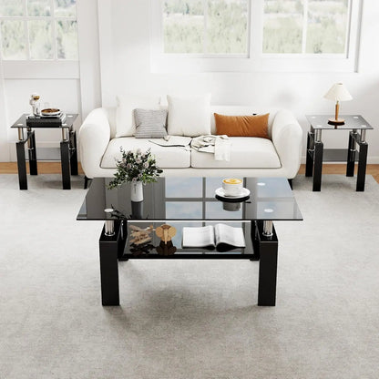 Modern Tempered Glass Table Set, 3-Piece, includes Black Metal Frame Coffee Table with Matching End Tables