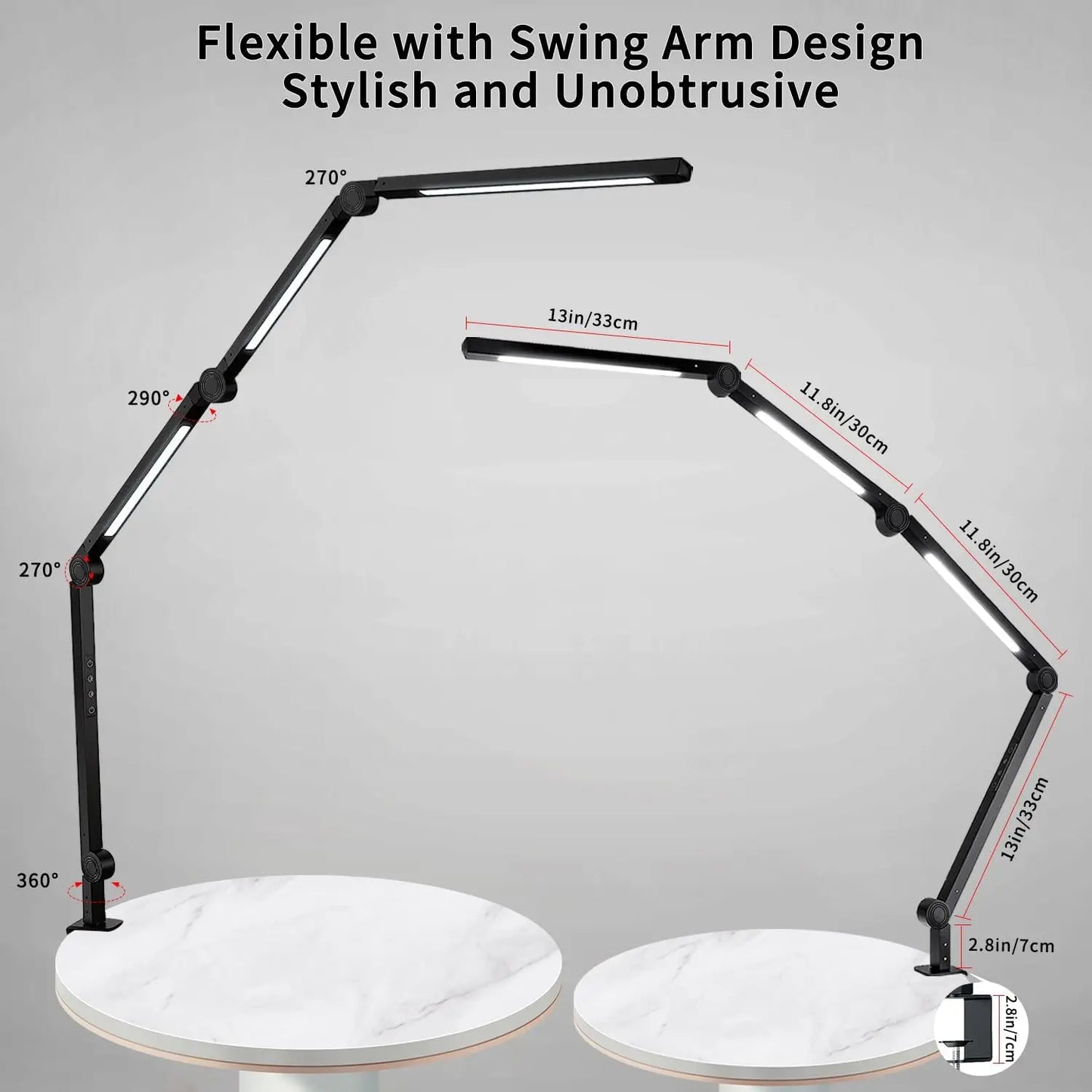 LED Desk Lamp Clamp Flexible Swing Arm 3 Light Sources Brightness