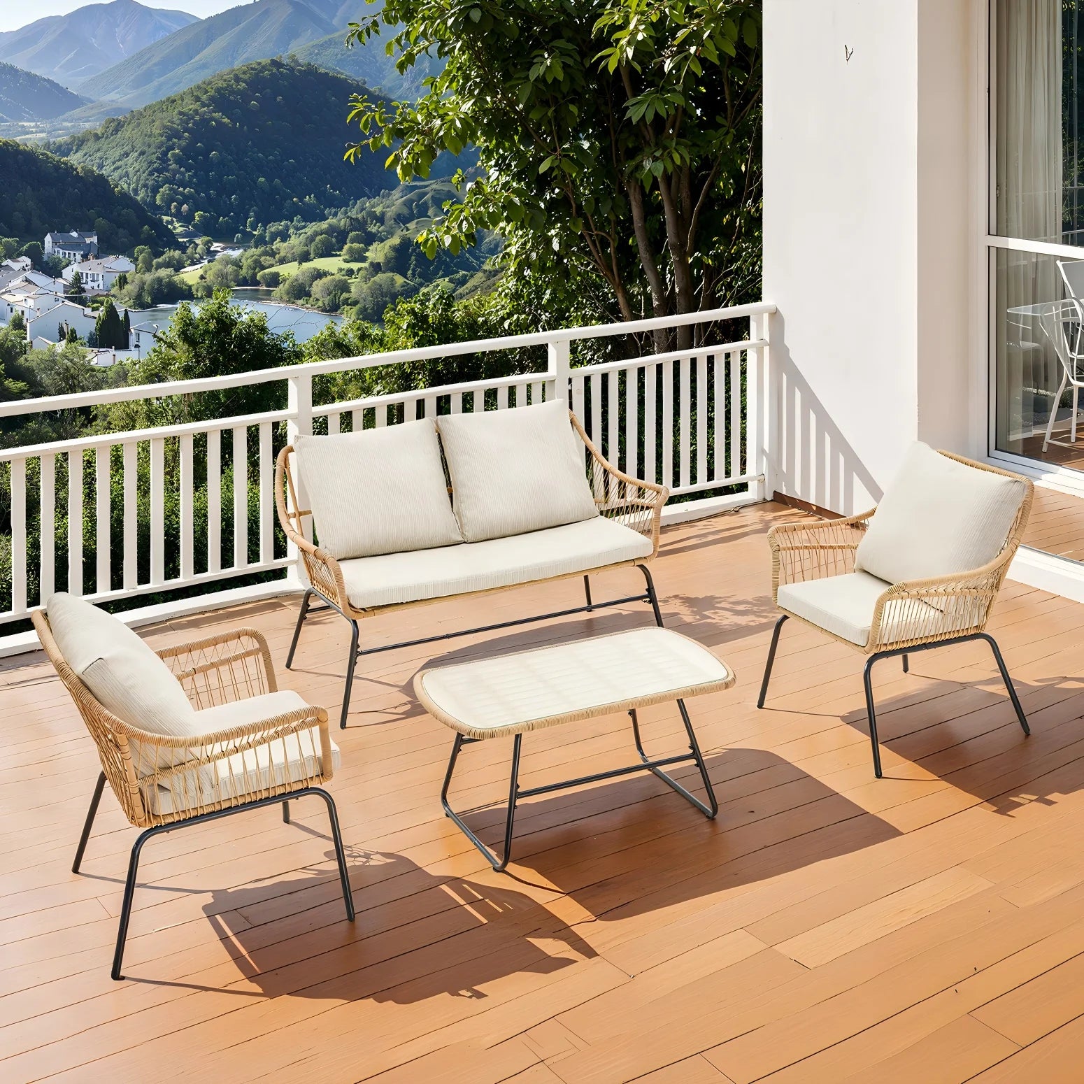 4 Piece Patio Wicker Set Loveseat Chairs Glass Table Outdoor Furniture