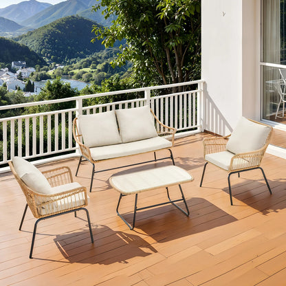 4 Piece Patio Wicker Set Loveseat Chairs Glass Table Outdoor Furniture