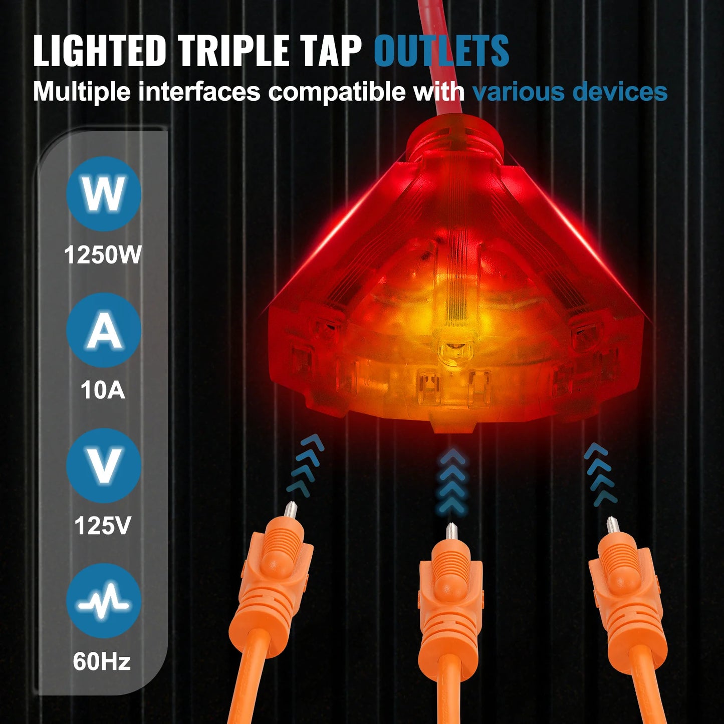 Retractable Extension Cord Reel 30FT Lighted Triple Tap Outlet