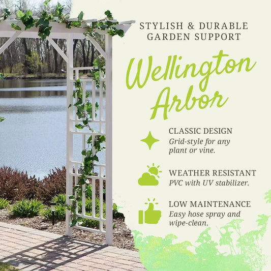Wellington Vinyl Garden Archway, White, 72" x 85" w/ Trellis Sides for Climbing Plants
