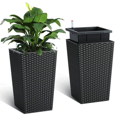 Tall Rattan Planter Set of 2 Outdoor and Indoor Plant Pots with Water Level Monitor & Wheels