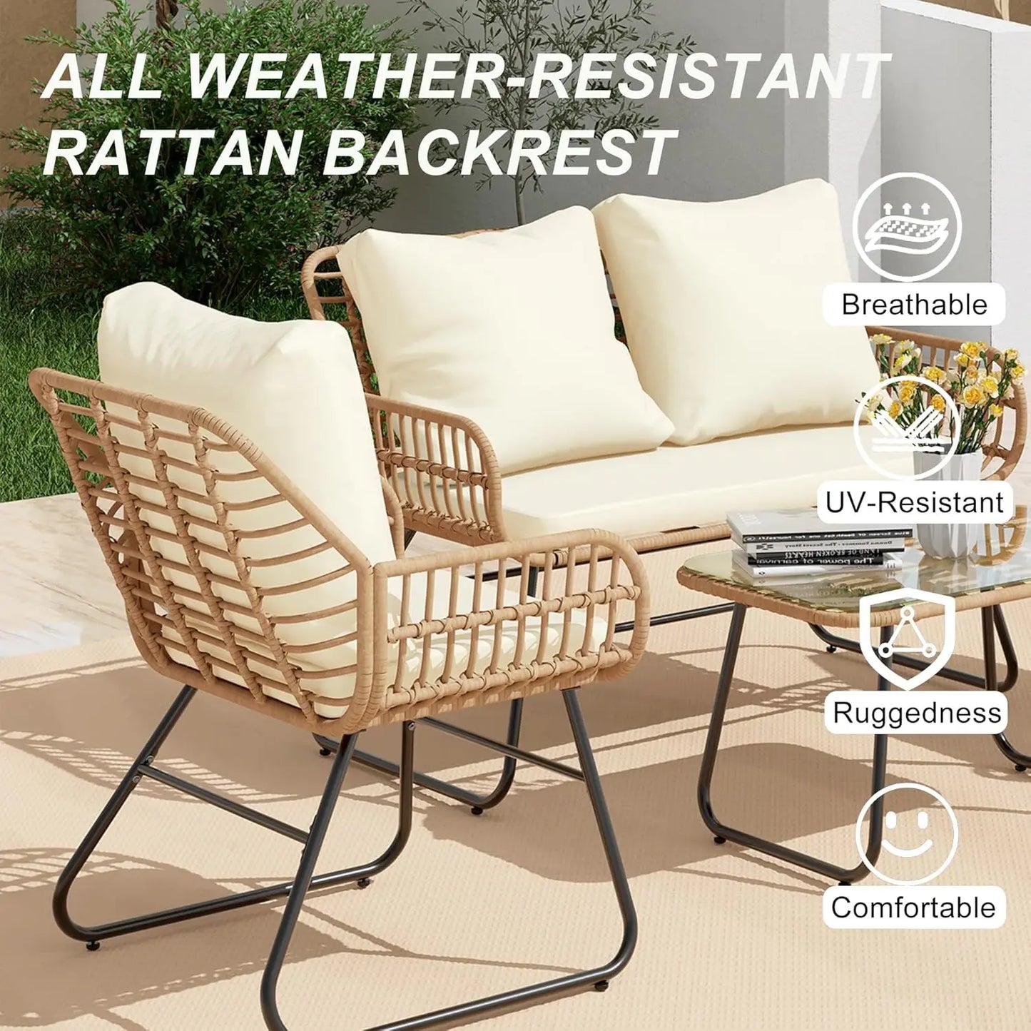 4-Piece Outdoor Patio Set with Cushions & Tempered Glass Table, All-Weather Rattan Bistro Set