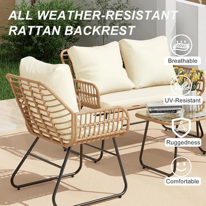 4-Piece Outdoor Patio Set with Cushions & Tempered Glass Table, All-Weather Rattan Bistro Set