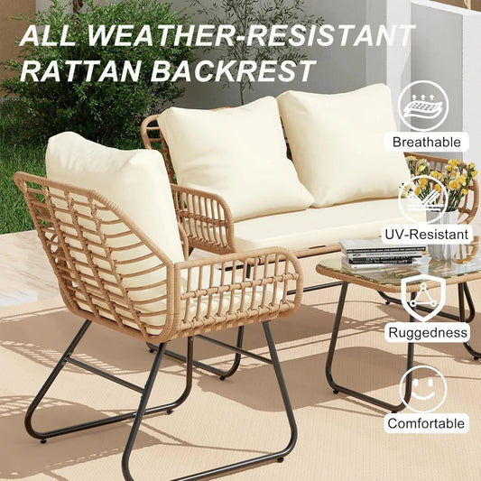 4-Piece Outdoor Patio Set with Cushions & Tempered Glass Table, All-Weather Rattan Bistro Set