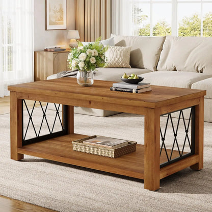 47.2" Solid Wood Coffee Table, 2-Tier with Metal Frame