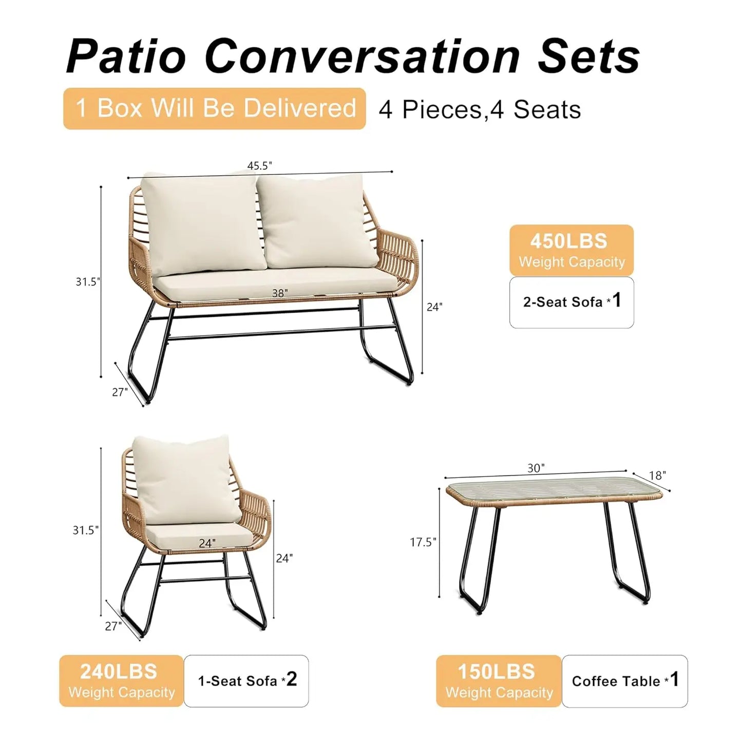 4-Piece Outdoor Patio Set with Cushions & Tempered Glass Table, All-Weather Rattan Bistro Set