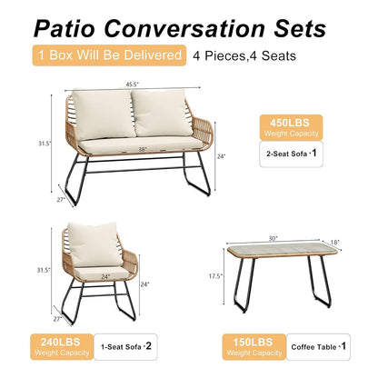 4-Piece Outdoor Patio Set with Cushions & Tempered Glass Table, All-Weather Rattan Bistro Set