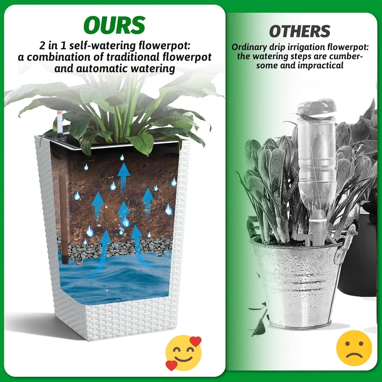 Tall Rattan Planter Set of 2 Outdoor and Indoor Plant Pots with Water Level Monitor & Wheels