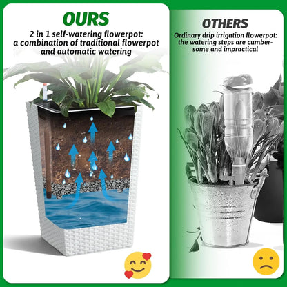 Tall Rattan Planter Set of 2 Outdoor and Indoor Plant Pots with Water Level Monitor & Wheels