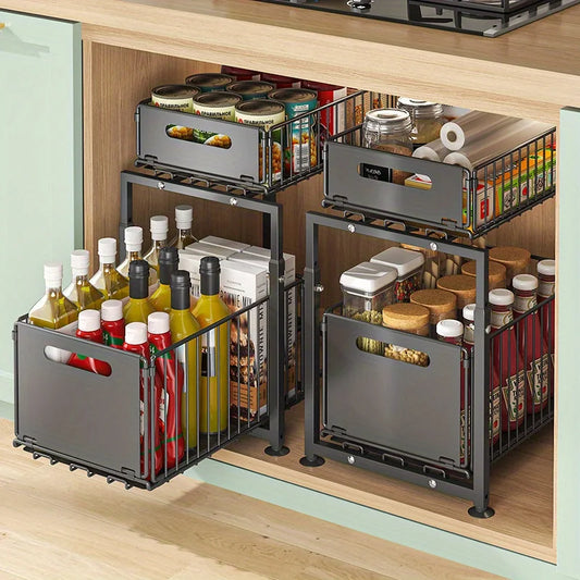 2 Tier Slide Out Cabinet Organizer, Heavy Duty, Under Sink Storage Shelf with Adjustable Metal Shelf, 2 Pack
