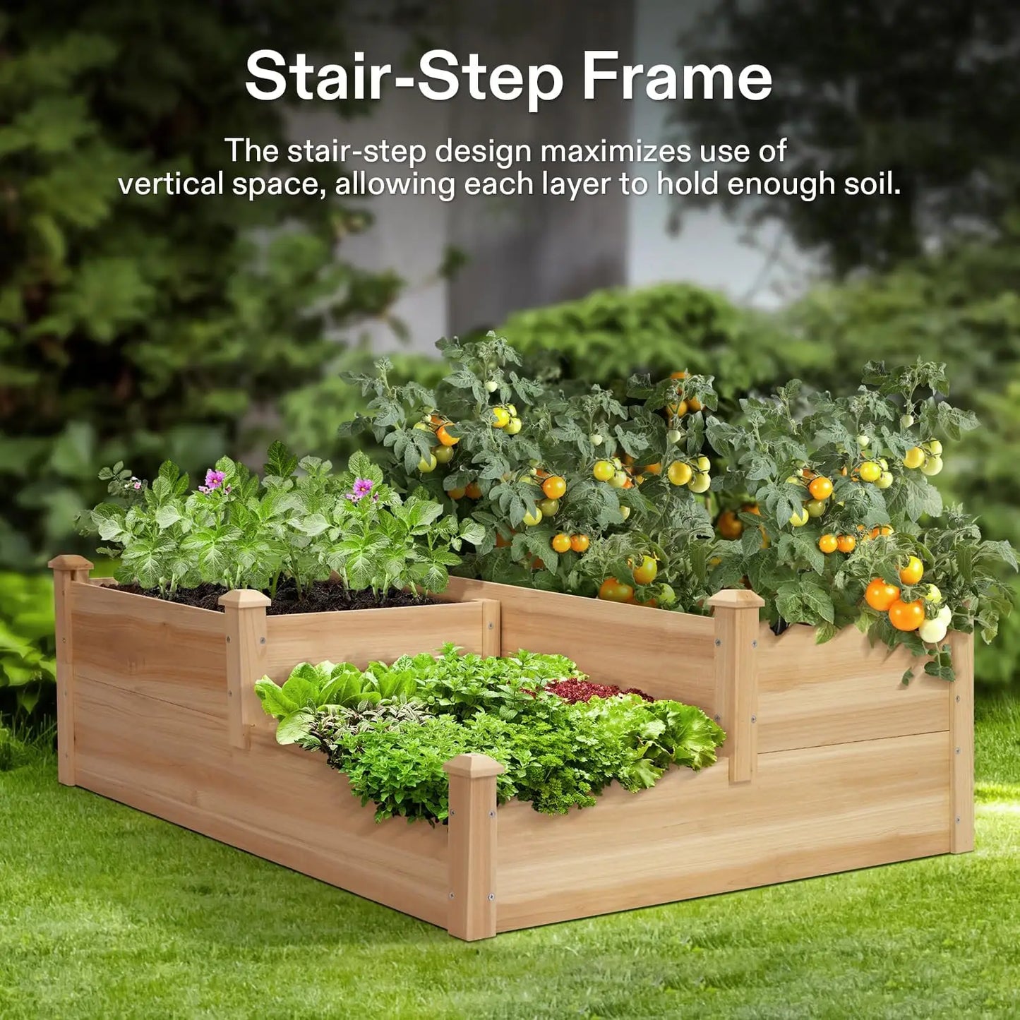 3-Tier Wooden Raised Garden Bed, 42.5x34.5x15 Inches Elevated Planter Box