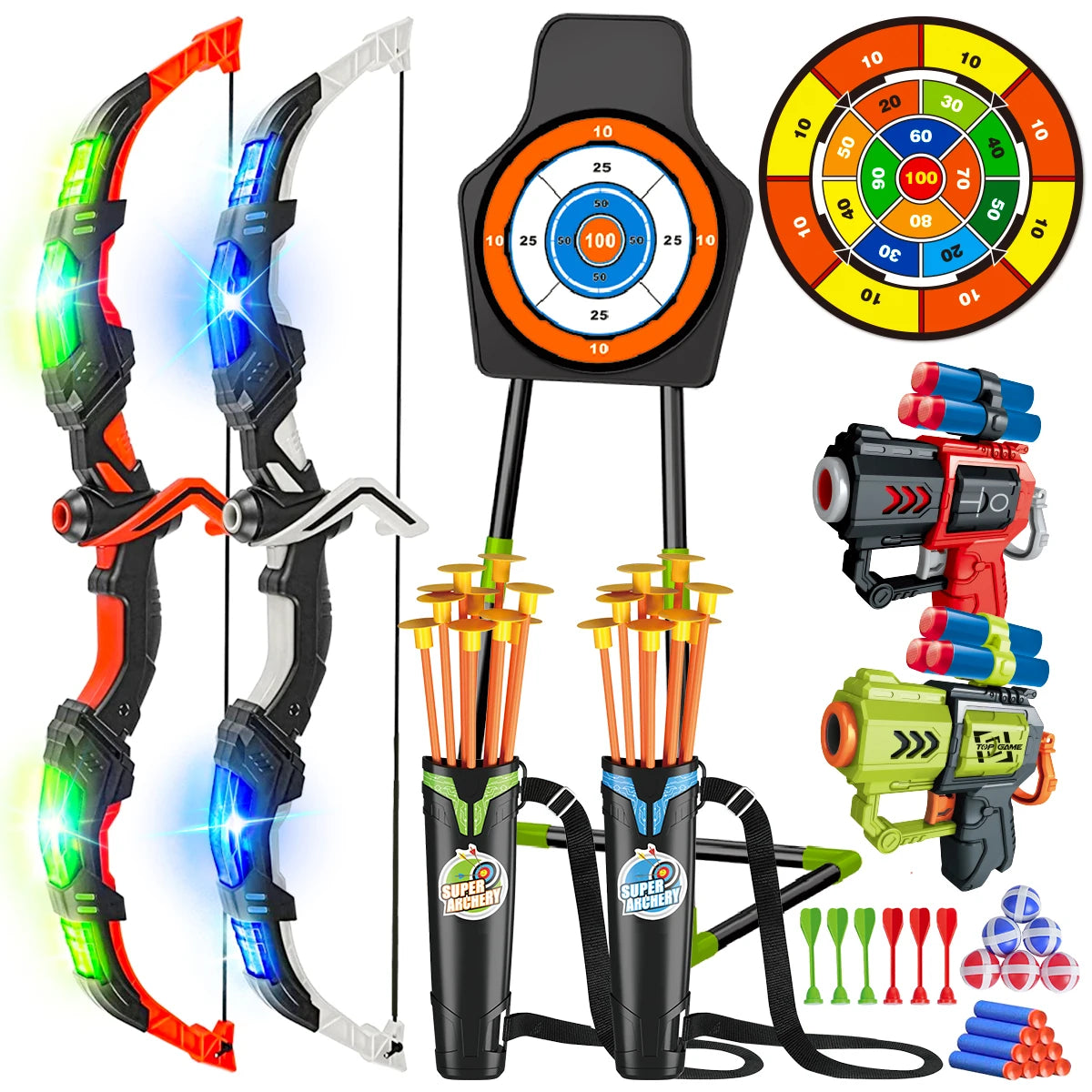 Toy Bow and Arrow + Guns for Kids with Night-Light Target Stand
