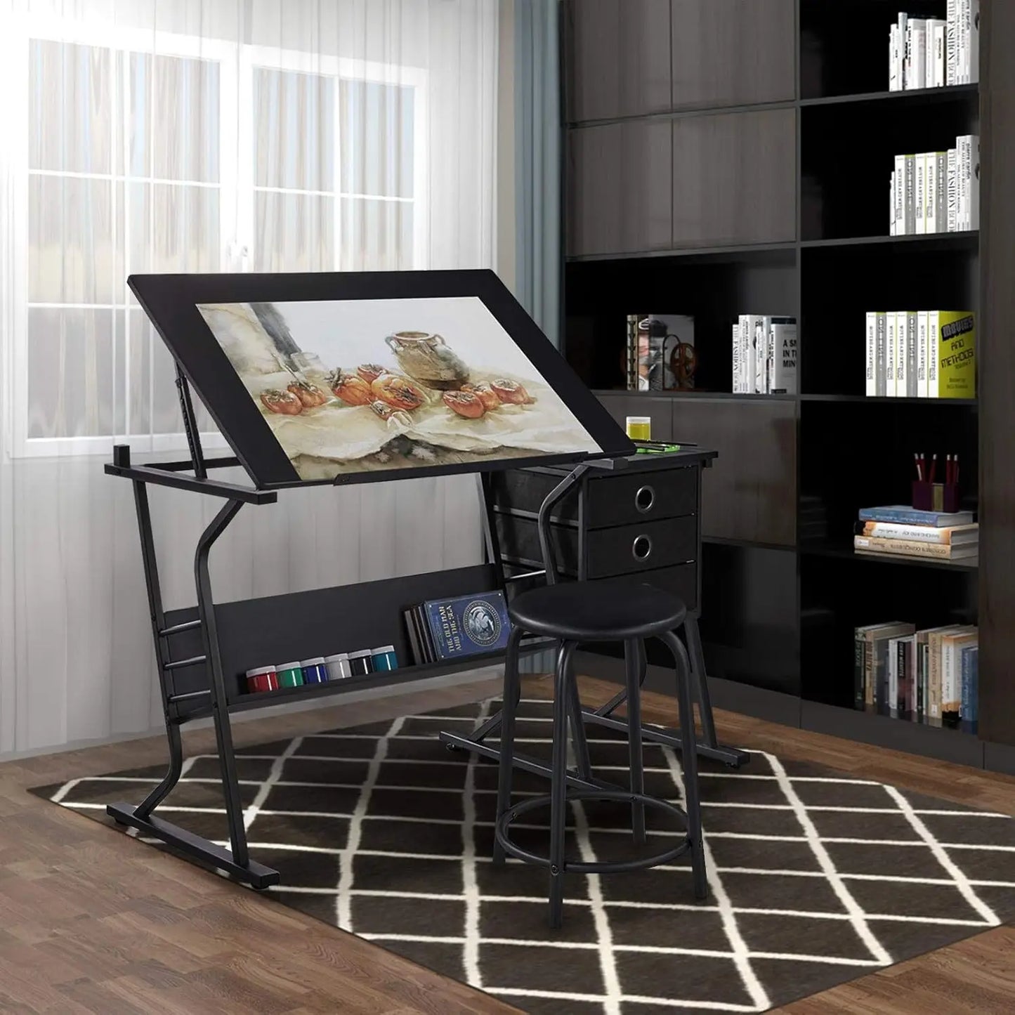 Drafting Table for Artists, Drawing Desk, Tabletop, Adjustable, with Stool and 3 Slide Drawers