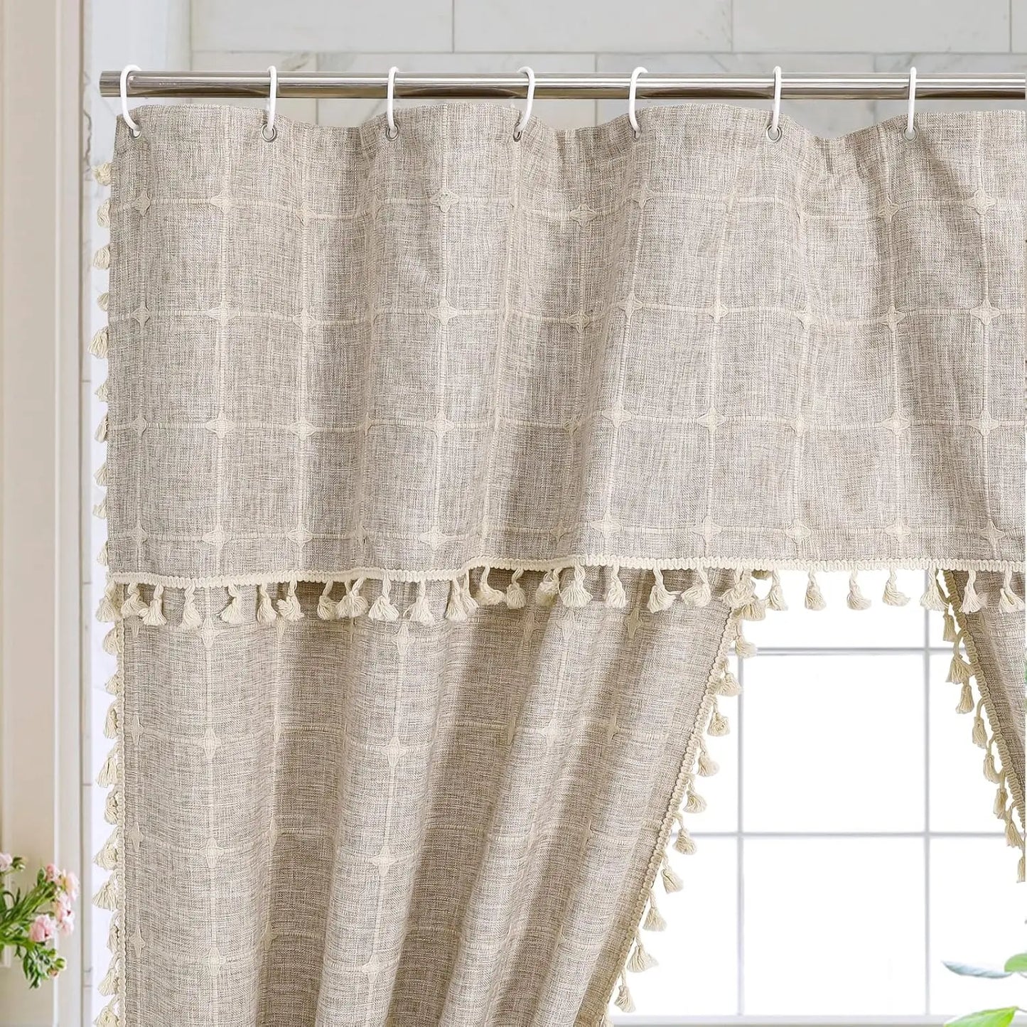 Tan Boho Double Swag Shower Curtain, Polyester Linen Fabric with Rust-Resistant Hooks, 72x72 Inches