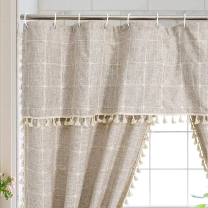 Tan Boho Double Swag Shower Curtain, Polyester Linen Fabric with Rust-Resistant Hooks, 72x72 Inches