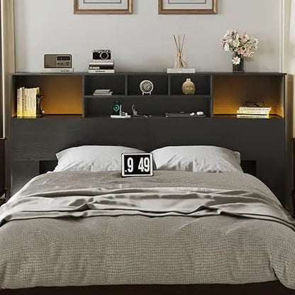 Wooden King Size Headboard with Storage USB Ports and LED Lights