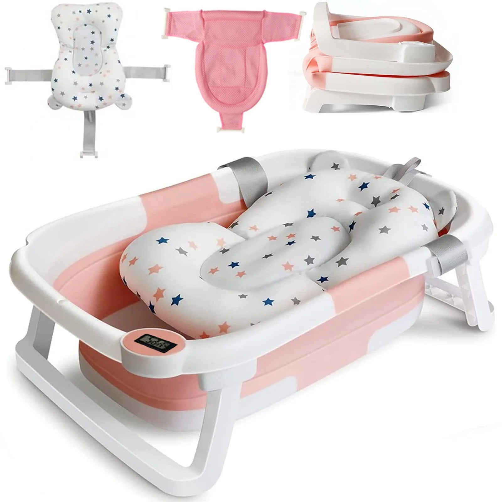 Foldable Baby Bath Tub with Cushion and Built In Thermometer