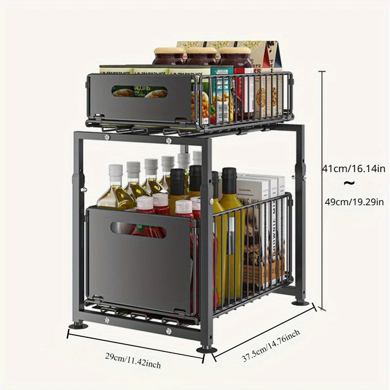 2 Tier Slide Out Cabinet Organizer, Heavy Duty, Under Sink Storage Shelf with Adjustable Metal Shelf, 2 Pack