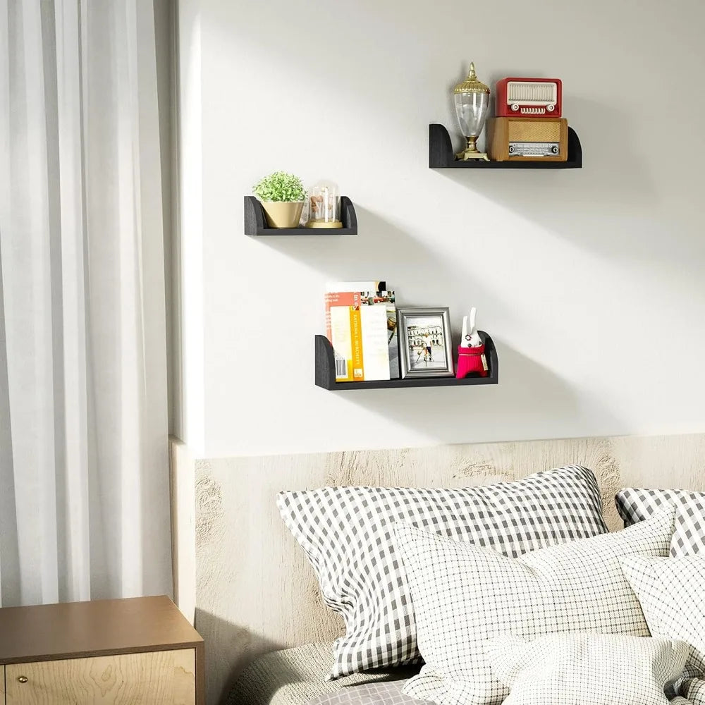 Floating Wall Shelves Set Of 3 Black Solid Wood Wall Mounted Shelves