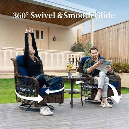 Outdoor Swivel Rocker Chairs 3 Pcs with Rattan Side Table Set