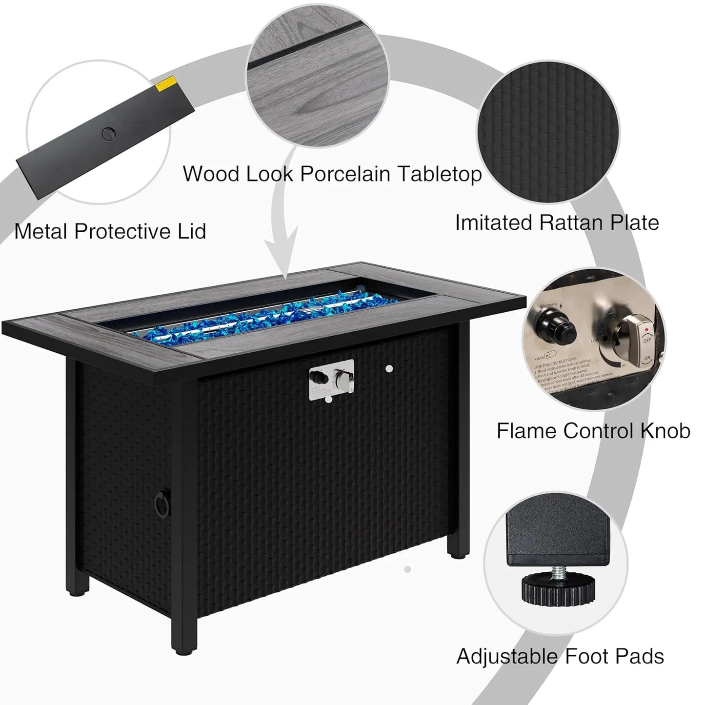 45in Fire Table  50000 BTU 3-in-1, Propane Fire Pit with Glass Wind Guard and Rain Cover, Customized