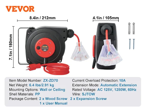 Retractable Extension Cord Reel 30FT Lighted Triple Tap Outlet