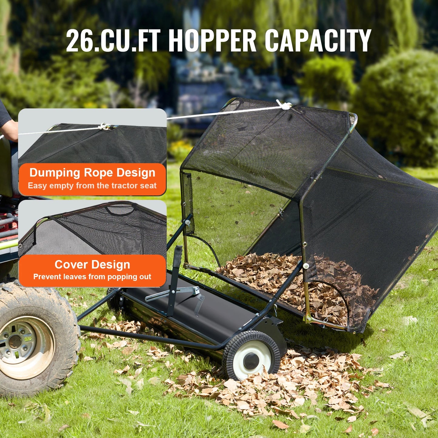 Tow Behind Lawn Sweeper 52 Inch Heavy Duty 26 Cu Ft Grass Collector
