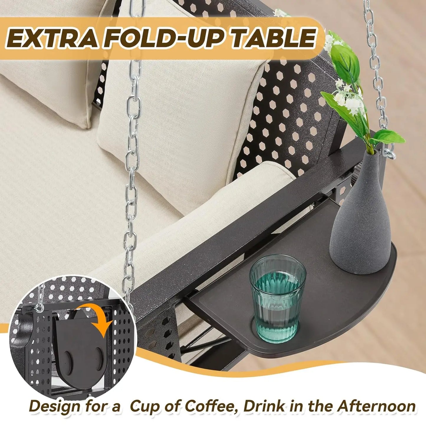 3 Seat Porch Swing with Cup Holders Cushions and Chains Outdoor Swing