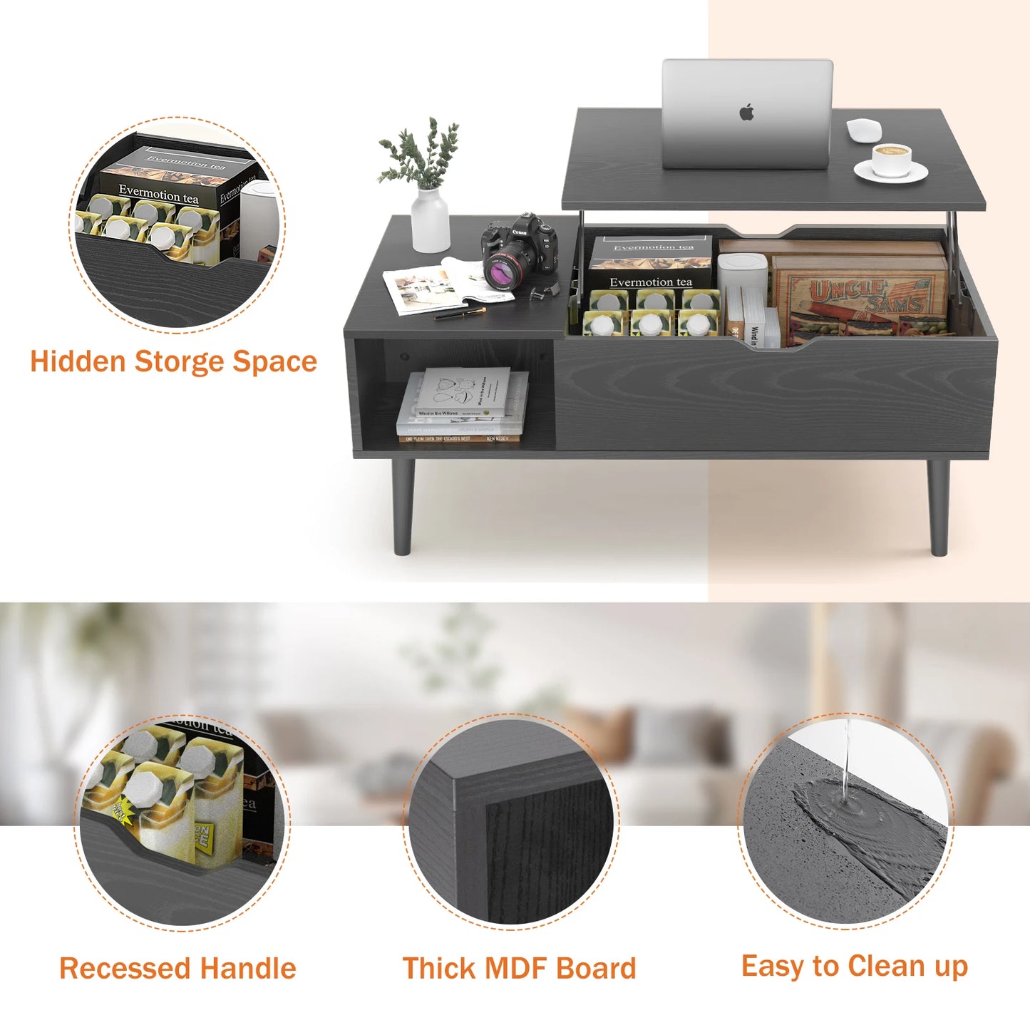 Lift Top Coffee Table with Hidden Storage and Easy Lift Design