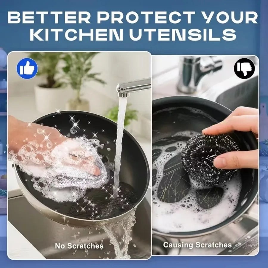 Image comparing stainless steel scrubber pads for no scratches versus causing scratches on kitchen utensils.