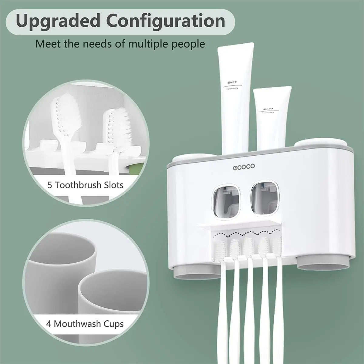 Wall Mounted Toothbrush Holder With Toothpaste Dispenser 4 Cups 5 Slots